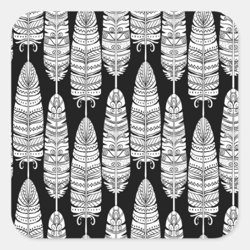 Feathers boho black and white pattern square sticker