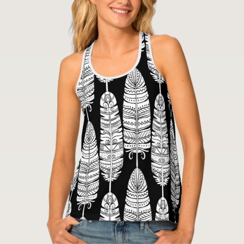 Feathers boho black and white pattern tank top
