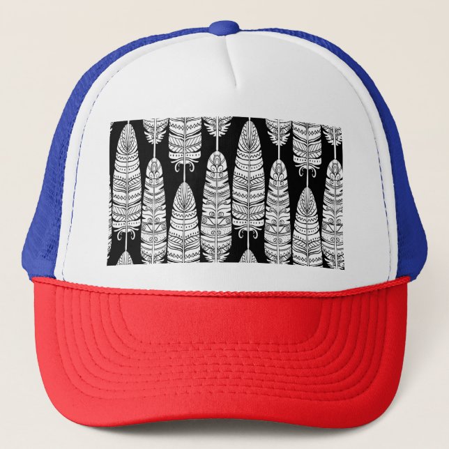 Feathers boho: black and white pattern trucker hat (Front)