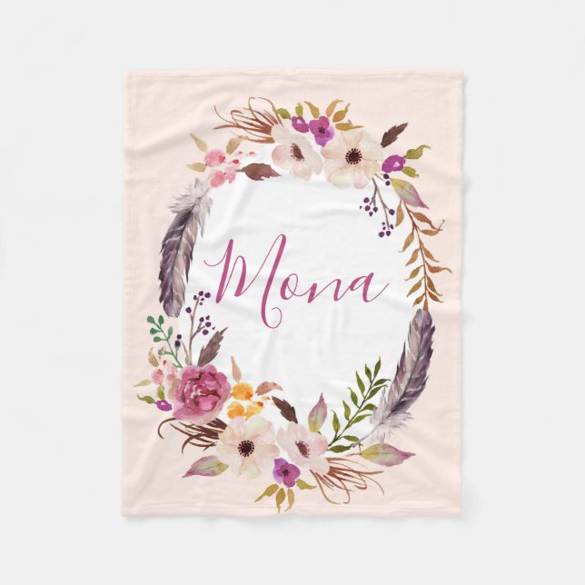 Feathers Boho watercolor customized blanket (Front)