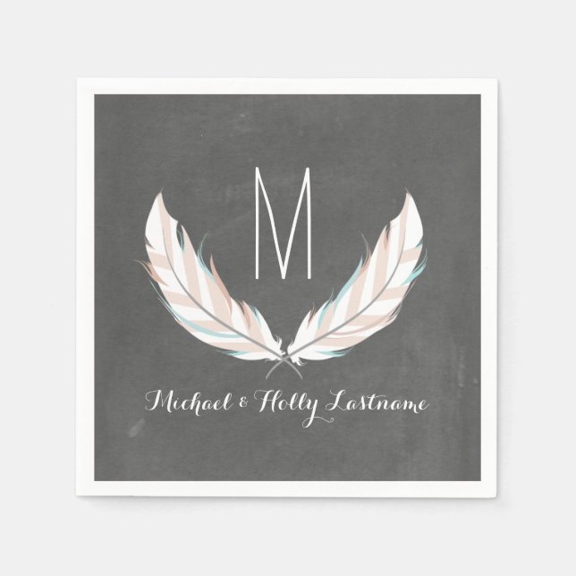 Feathers + Chalkboard Monogram Wedding Paper Napkins (Front)