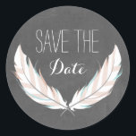Feathers   Chalkboard Save The Date Sticker<br><div class="desc">A save the date sticker featuring an illustration of a pair of feathers. Background is chalkboard inspired.</div>