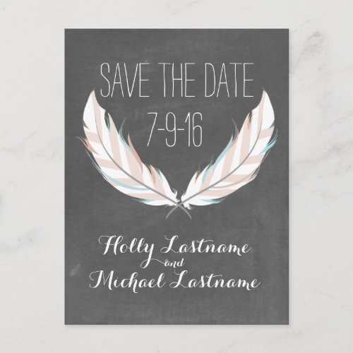 Feathers  Chalkboard Wedding Save The Date Announcement Postcard