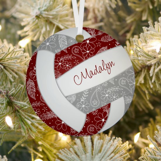 feathers doodle pattern maroon gray volleyball ornament
