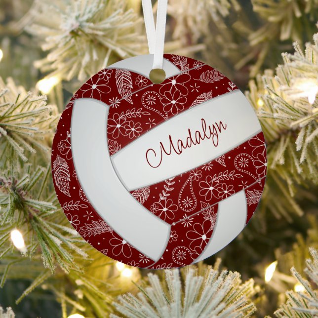 feathers doodle pattern maroon white volleyball metal ornament (Insitu)