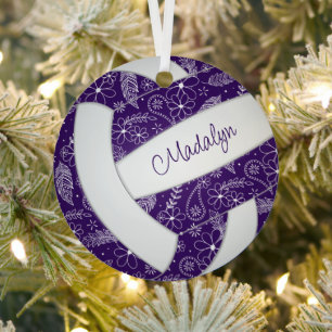feathers doodle pattern purple white volleyball metal ornament