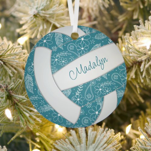 feathers doodle pattern teal white volleyball metal ornament
