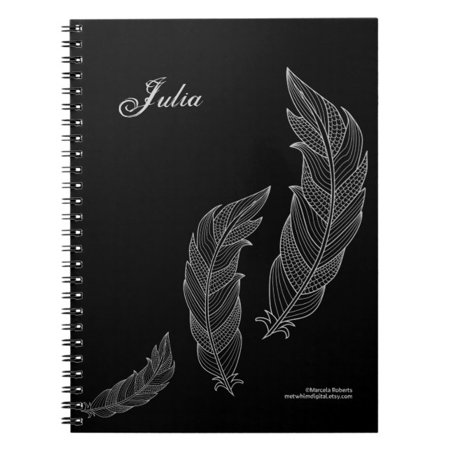 Feathers Fall Art Outline Grey Black Name Template Notebook (Front)