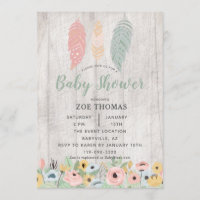 Feathers Floral Boho Baby Shower Invitation