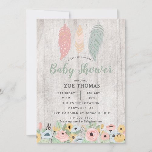 Feathers Floral Boho Baby Shower Invitation