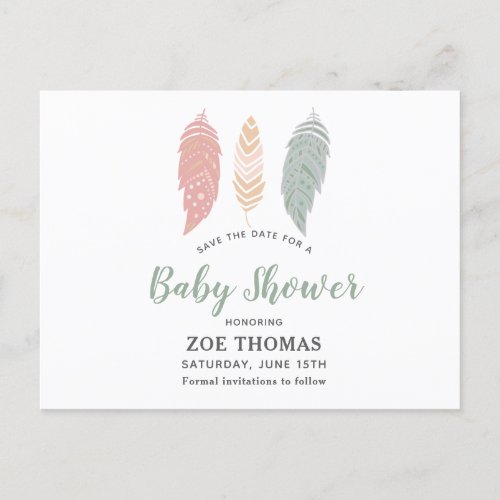 Feathers Floral Boho Baby Shower Save The Date Invitation Postcard