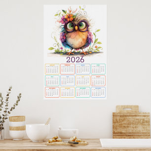 Feathers & Flowers: 2026 Owl Calendar Poster