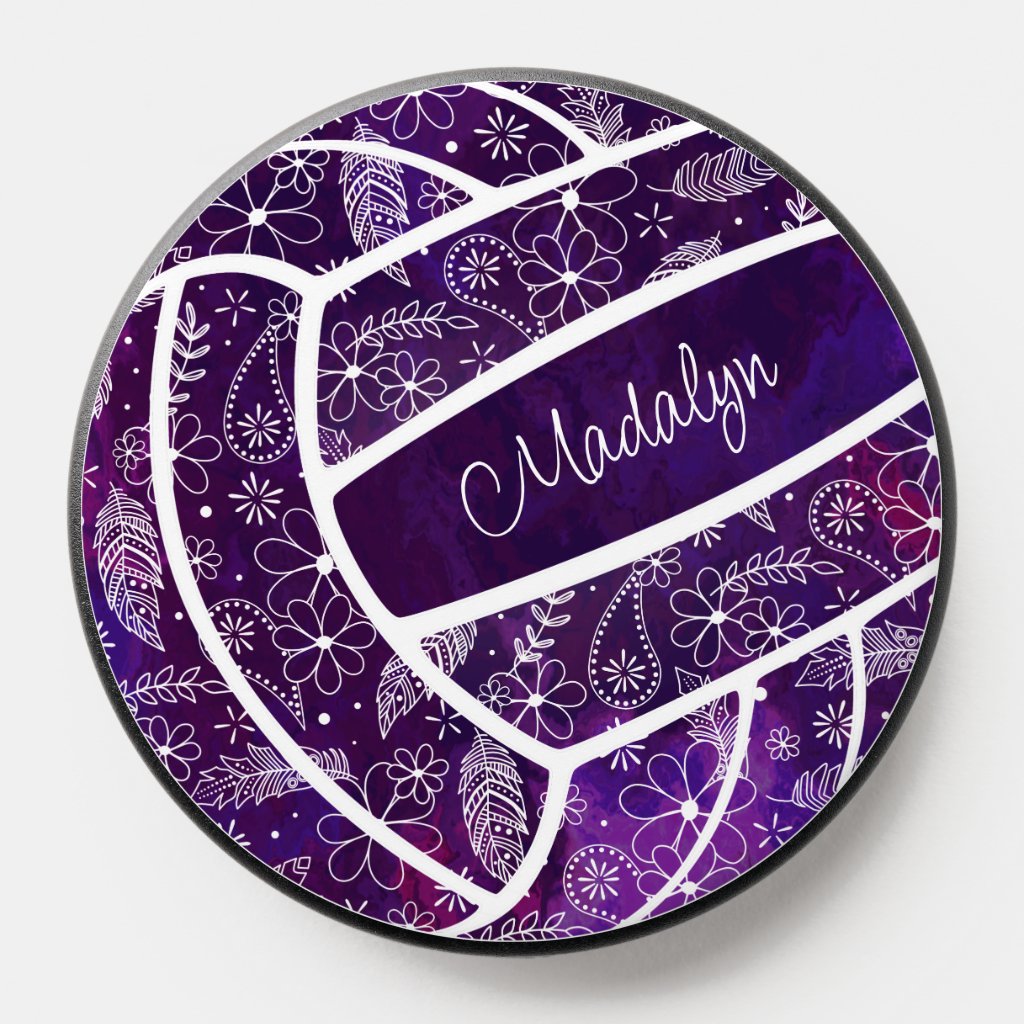 feathers flowers doodle pattern purple volleyball phone grip