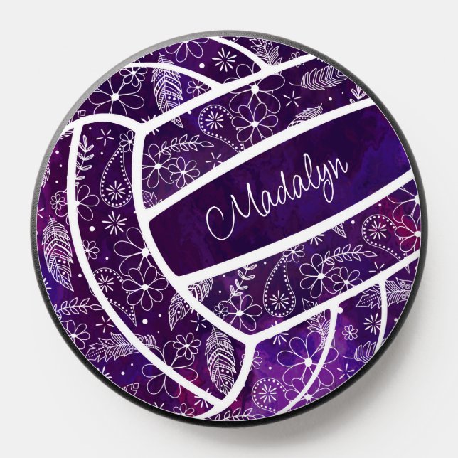 feathers flowers doodle pattern purple volleyball PopSocket (Popsocket)