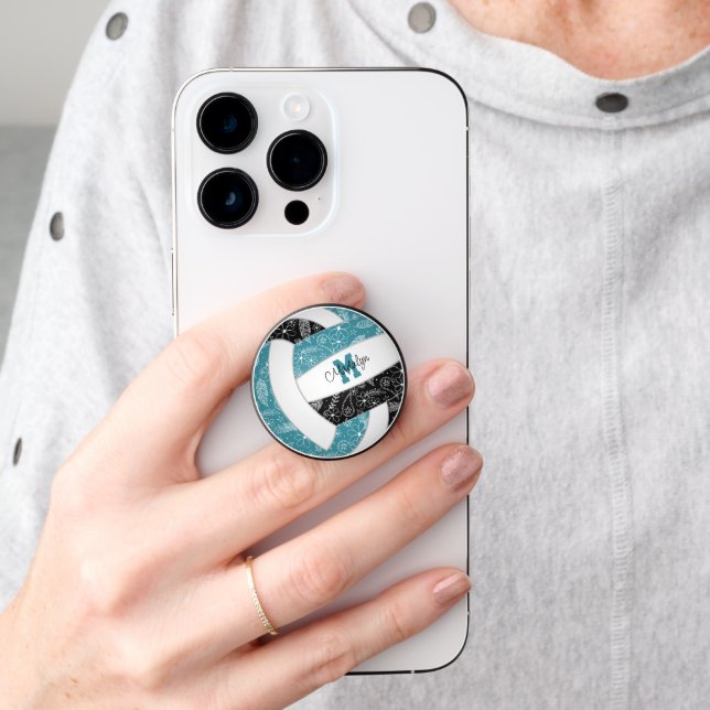 Feathers flowers teal black boho volleyball PopSocket (Hand)