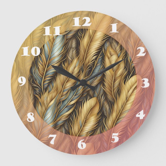 Feathers Golden Silver Art  Large Clock (Front)