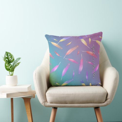 Feathers Gradiant color Gold pink blue purple Throw Pillow