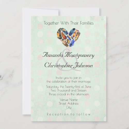 Feathers In A Heart Shape Mint Green Wedding Invitation