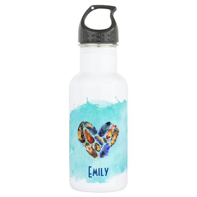 Feathers In A Heart Shape Personalized Stainless Steel Water Bottle (Front)