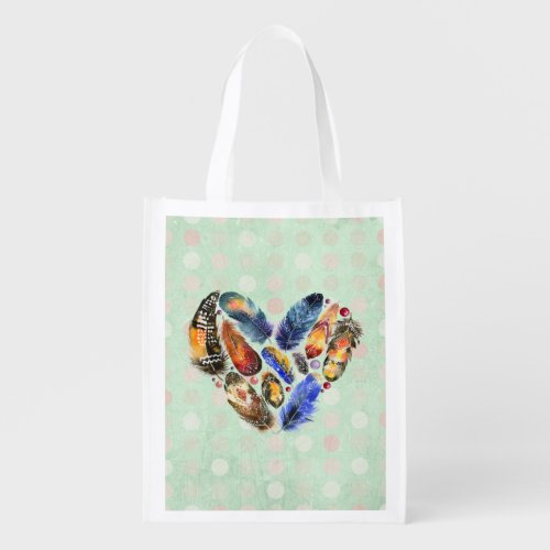 Feathers In A Heart Shape Watercolor Design Grocery Bag