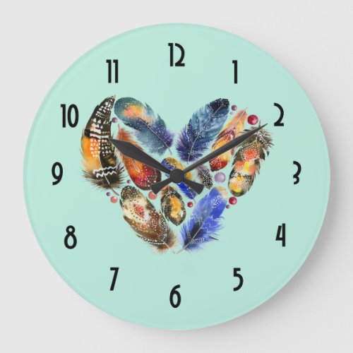 Feathers In A Heart Shape Watercolor Design Large Clock