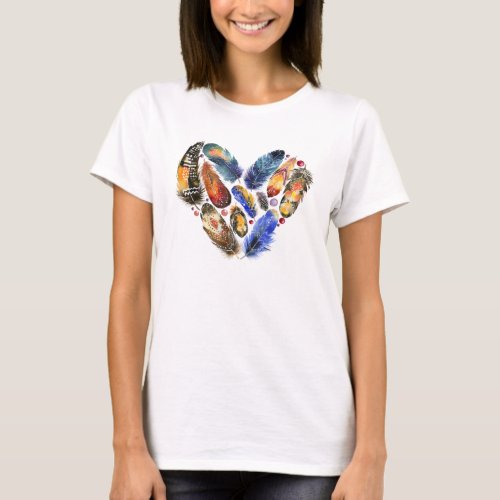 Feathers In A Heart Shape Watercolor Design T_Shirt