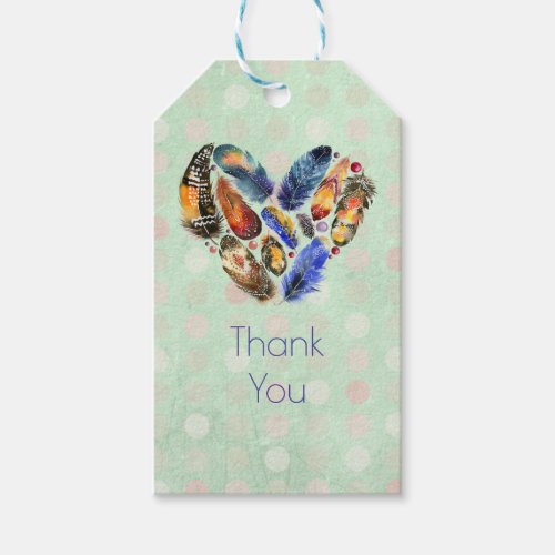 Feathers In A Heart Shape Watercolor Design Thanks Gift Tags