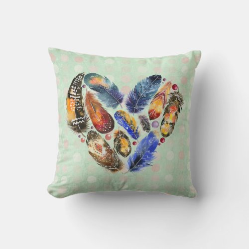 Feathers In A Heart Shape Watercolor Design Throw Pillow