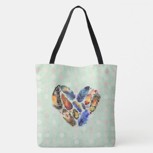 Feathers In A Heart Shape Watercolor Design Tote Bag