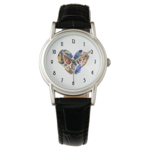 Feathers In A Heart Shape Watercolor Design Watch