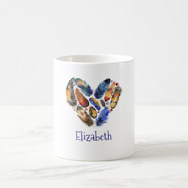 Feathers In A Heart Shape Watercolor Personalized Coffee Mug (Center)