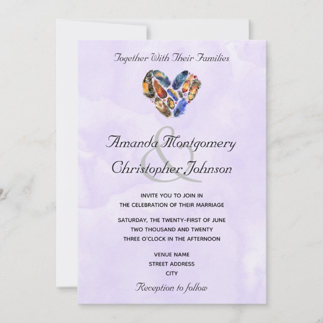 Feathers In A Heart Shape Wedding Invitation (Front)
