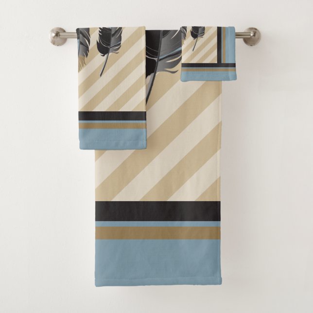 Feathers in Blue, Gray and Brown Bath Towel Set (Insitu)