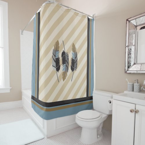 Feathers in Brown Gray and Blue Shower Curtain