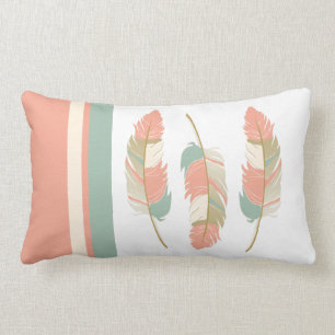 Feathers in Coral, Mint Green and Cream Lumbar Pillow