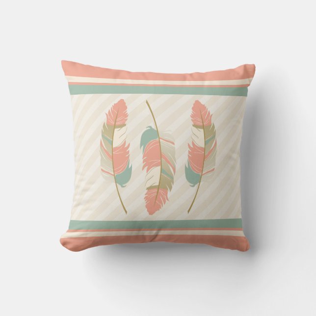 Feathers in Coral , Mint Green and Cream Throw Pillow (Front)