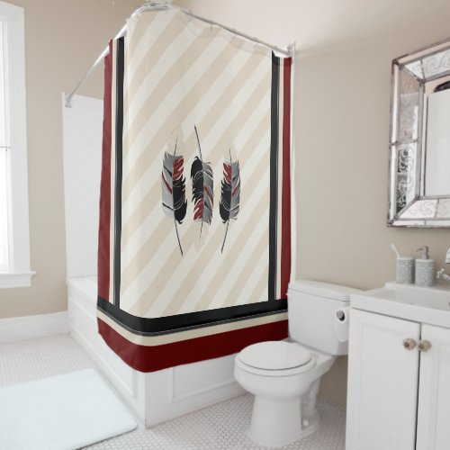 Feathers in Cream Black and Maroon Shower Curtain