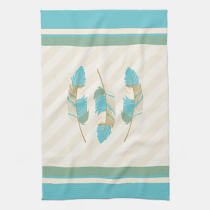 Feathers in Cream, Blue and Green Towel
