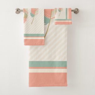 Feathers in Cream, Coral and Mint Green Bath Towel Set