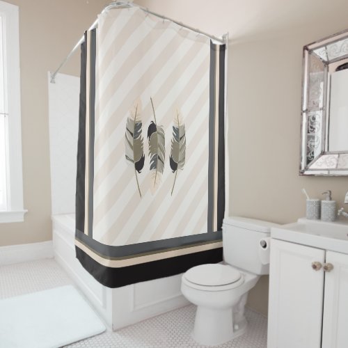 Feathers in Cream Gray and Black Shower Curtain