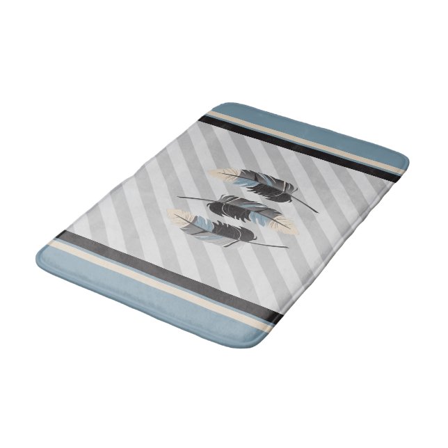 Feathers in Cream, Gray and Blue Bath Mat (Angled)