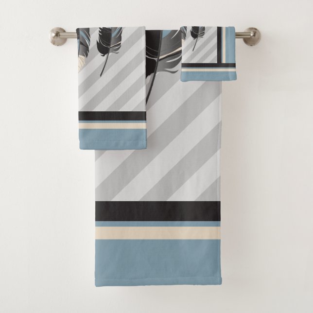 Feathers in Cream, Gray and Blue Bath Towel Set (Insitu)