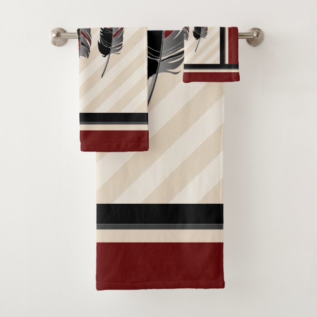 Feathers in Cream, Maroon and Black Bath Towel Set (Insitu)