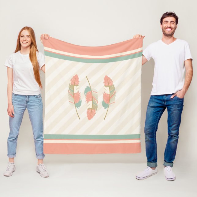 Feathers in Cream, Mint Green and Coral Fleece Blanket (In Situ)
