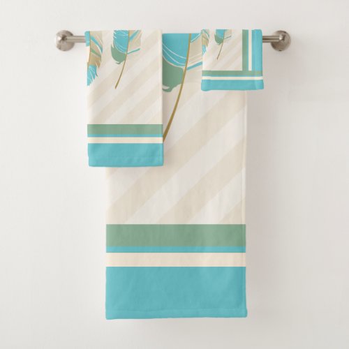 Feathers in Cream Teal and Green Bath Towel Set