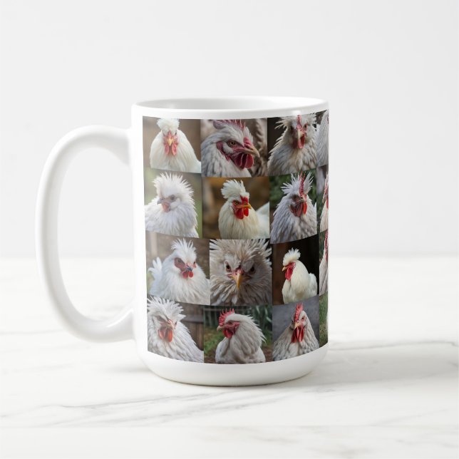 "Feathers in Focus: A White Chicken's Portrait" Coffee Mug (Left)