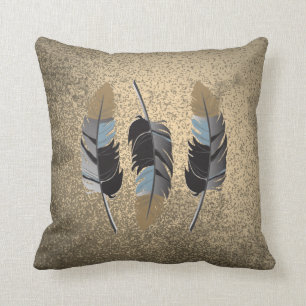 Feathers in Gray, Blue, Brown on Grunge Tan Throw Pillow