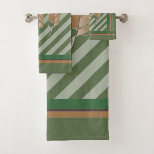 Feathers in Green Stripes and Nature Colors. Bath Towel Set