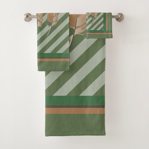 Feathers in Green Stripes and Nature Colors Bath Towel Set