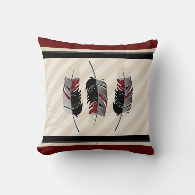 Feathers in Maroon Red, Black and Cream Throw Pillow (Front)